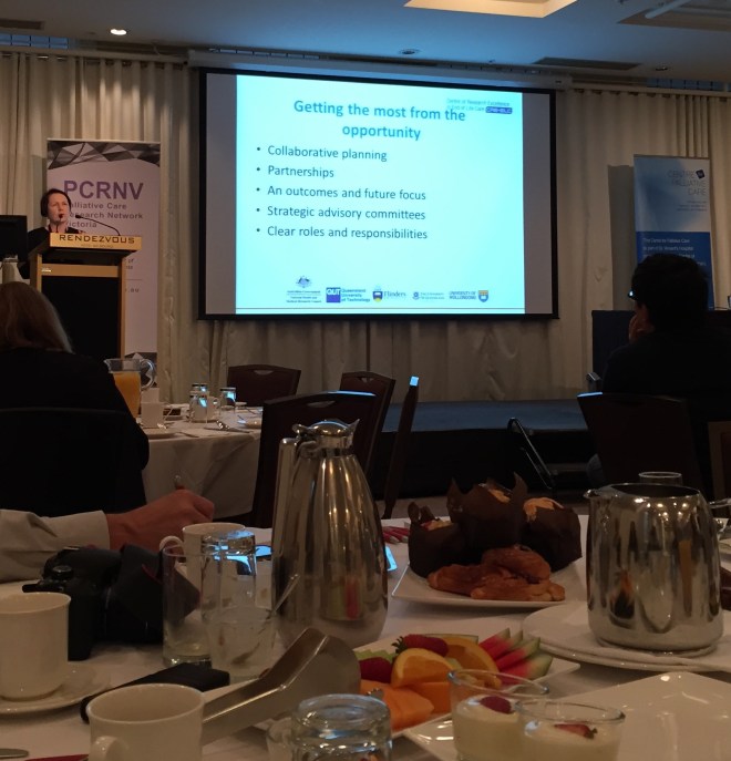 Prof Patsy Yates sharing her reflections on setting up a NHMRC Centre of Research Excellence in end-of-life care at the PCRNV Breakfast Forum